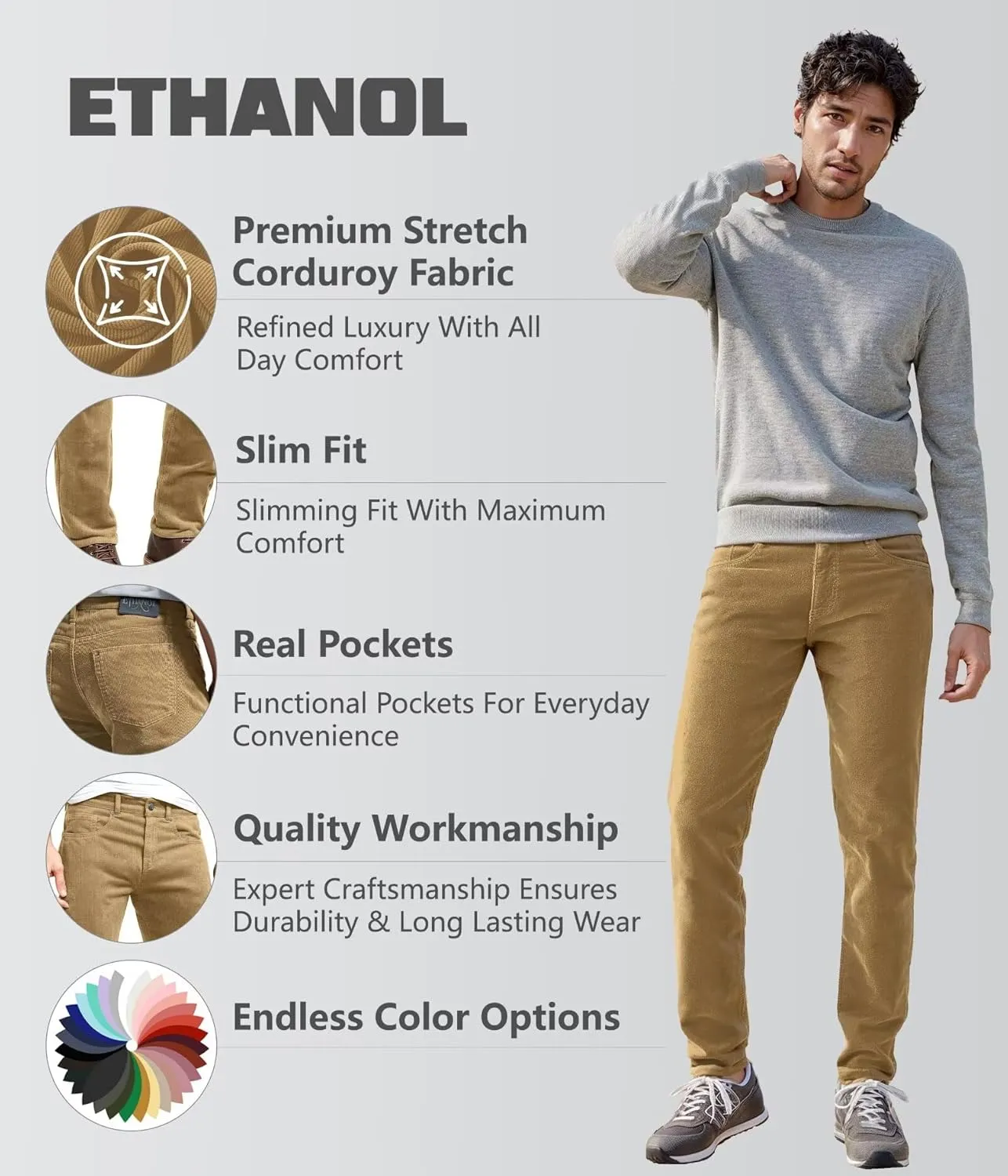 ETHANOL Men's Slim Stretchy Casual Corduroy Pant