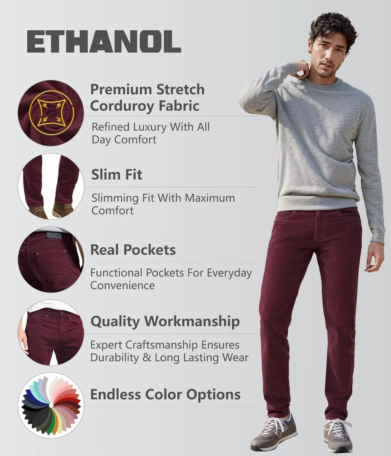 ETHANOL Men's Slim Stretchy Casual Corduroy Pant