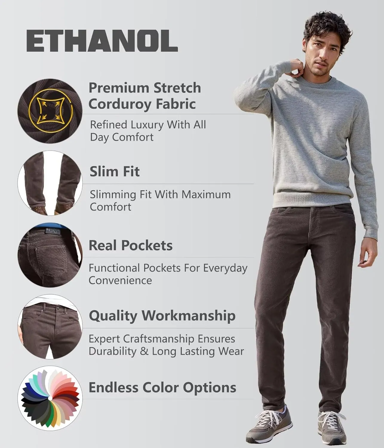 ETHANOL Men's Slim Stretchy Casual Corduroy Pant