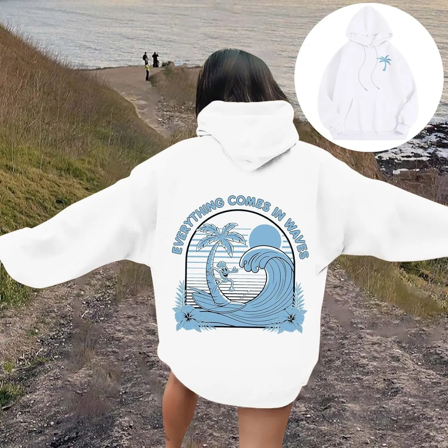 Everything Comes In Waves Sweatshirt For Women Long Sleeve Casual Sweatshirts Drawstring Pockets Comfort Fashion Hoodies