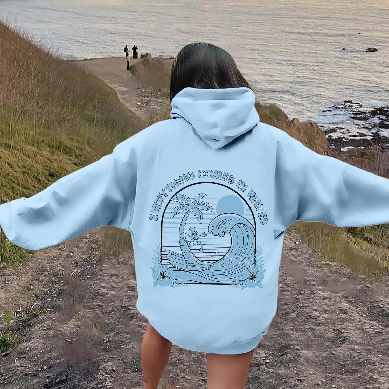 Everything Comes In Waves Sweatshirt For Women Long Sleeve Casual Sweatshirts Drawstring Pockets Comfort Fashion Hoodies