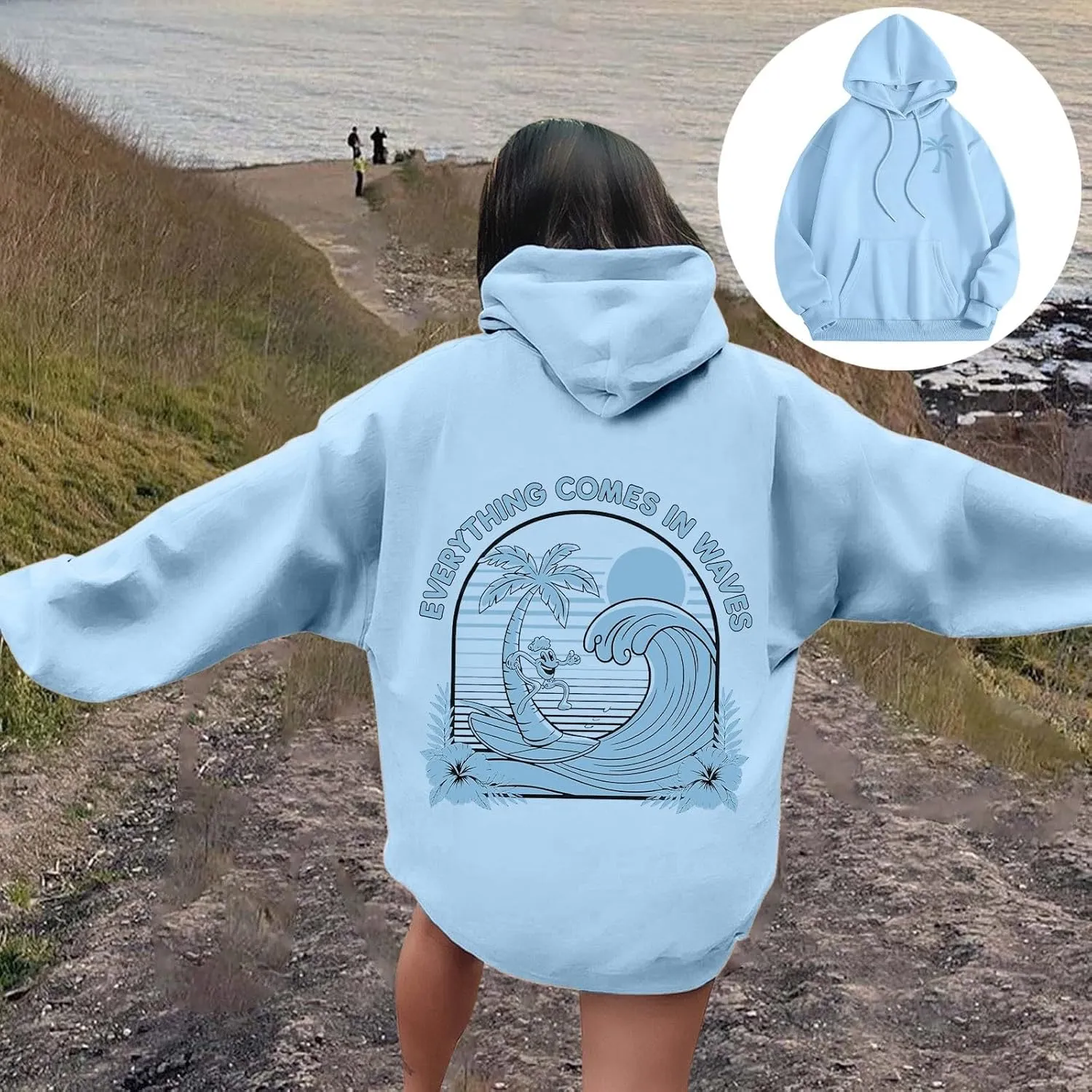 Everything Comes In Waves Sweatshirt For Women Long Sleeve Casual Sweatshirts Drawstring Pockets Comfort Fashion Hoodies