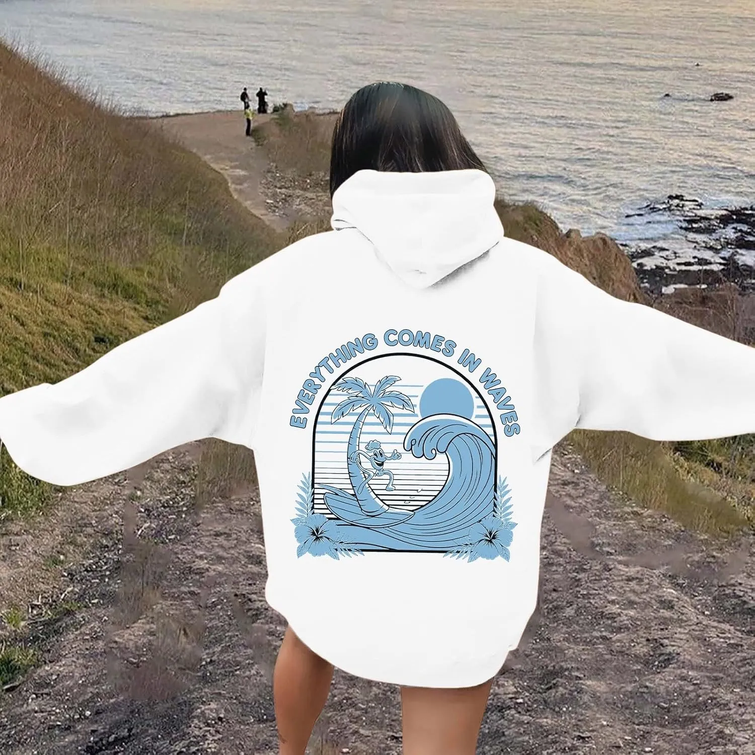 Everything Comes In Waves Sweatshirt For Women Long Sleeve Casual Sweatshirts Drawstring Pockets Comfort Fashion Hoodies