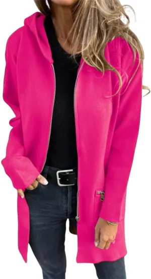 FMCHICO Women Wool Blend Full Ziper Jacket Hooded Casual Trench Coat