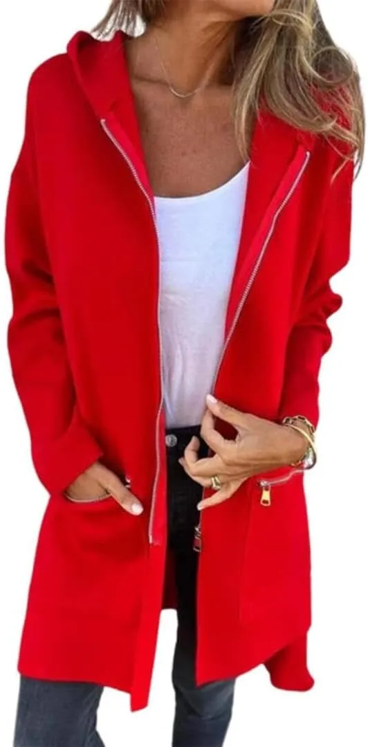 FMCHICO Women Wool Blend Full Ziper Jacket Hooded Casual Trench Coat