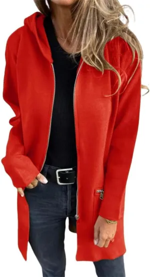 FMCHICO Women Wool Blend Full Ziper Jacket Hooded Casual Trench Coat