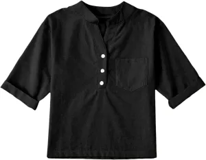 Girls Linen T Shirts Loose Fit Button Down Collar Cotton Blouses Teen Summer Lightweight Solid Tee Tops with Pockets