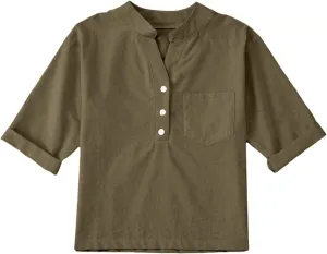 Girls Linen T Shirts Loose Fit Button Down Collar Cotton Blouses Teen Summer Lightweight Solid Tee Tops with Pockets