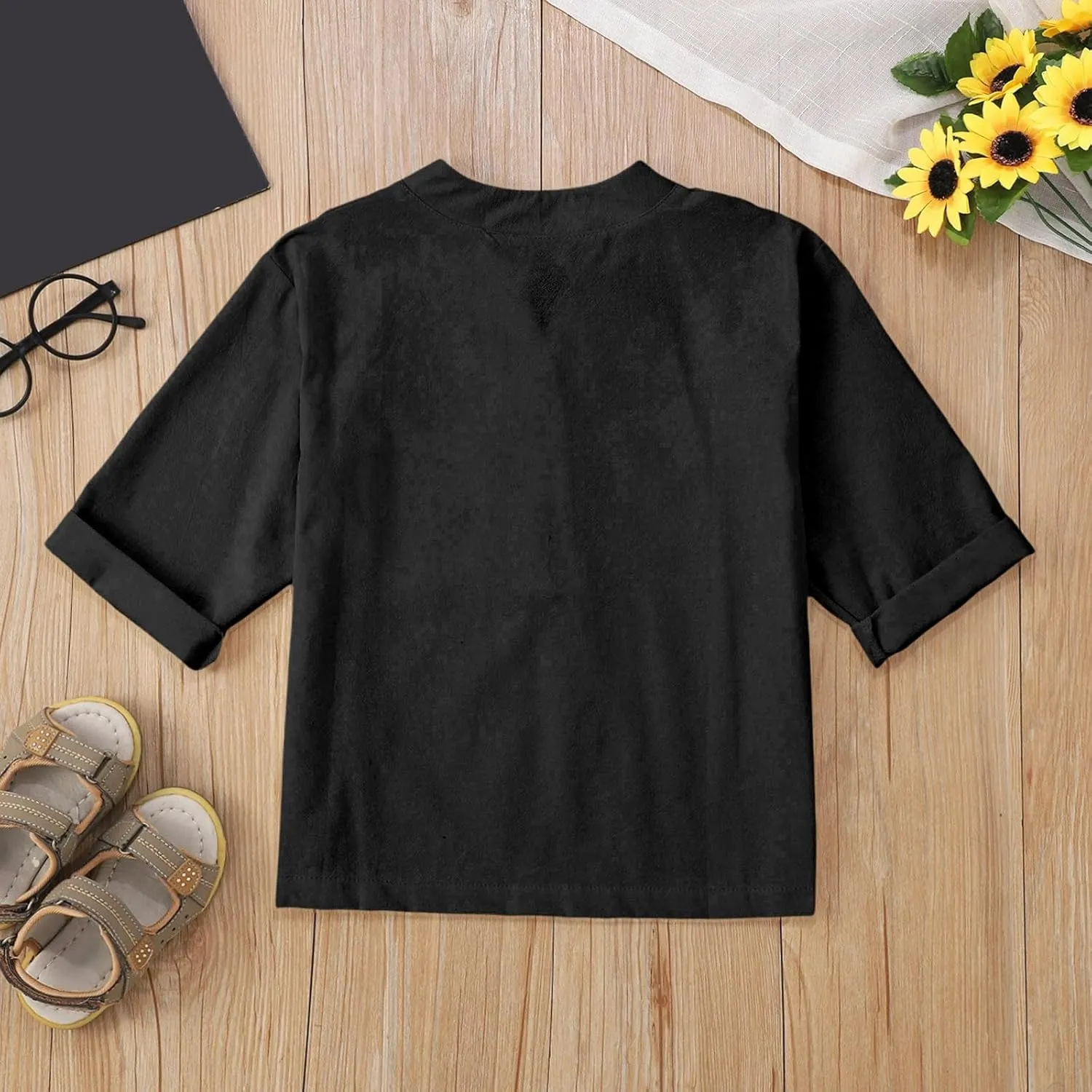 Girls Linen T Shirts Loose Fit Button Down Collar Cotton Blouses Teen Summer Lightweight Solid Tee Tops with Pockets