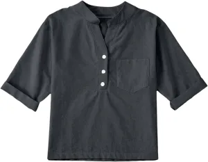 Girls Linen T Shirts Loose Fit Button Down Collar Cotton Blouses Teen Summer Lightweight Solid Tee Tops with Pockets