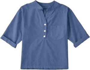 Girls Linen T Shirts Loose Fit Button Down Collar Cotton Blouses Teen Summer Lightweight Solid Tee Tops with Pockets