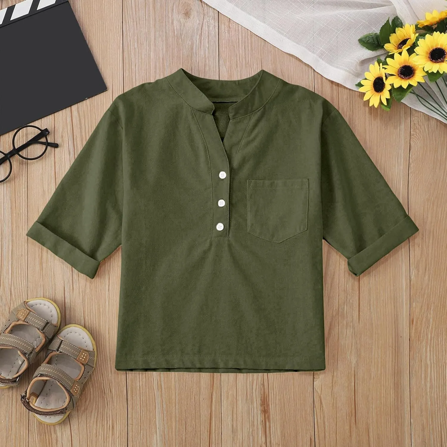 Girls Linen T Shirts Loose Fit Button Down Collar Cotton Blouses Teen Summer Lightweight Solid Tee Tops with Pockets