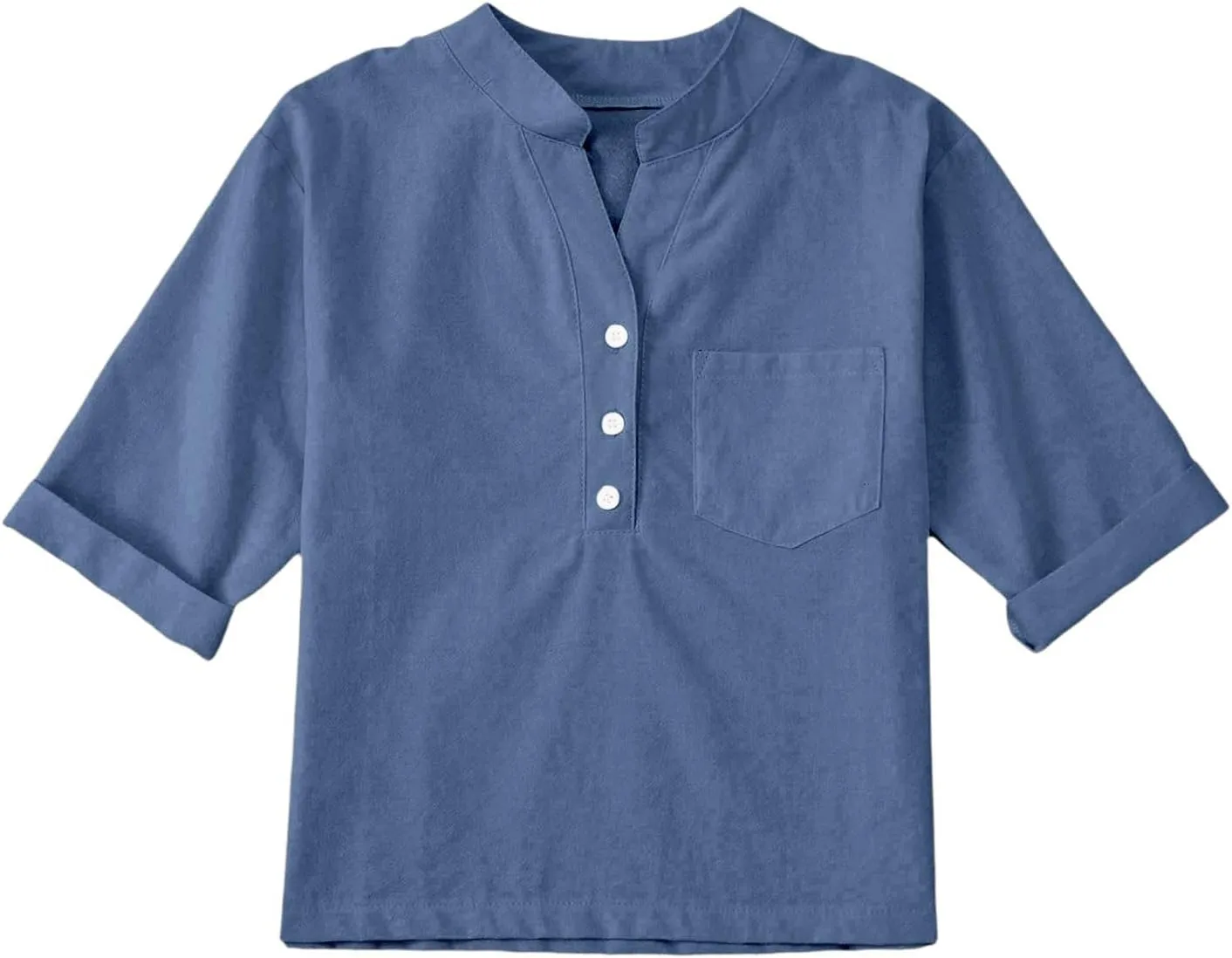 Girls Linen T Shirts Loose Fit Button Down Collar Cotton Blouses Teen Summer Lightweight Solid Tee Tops with Pockets