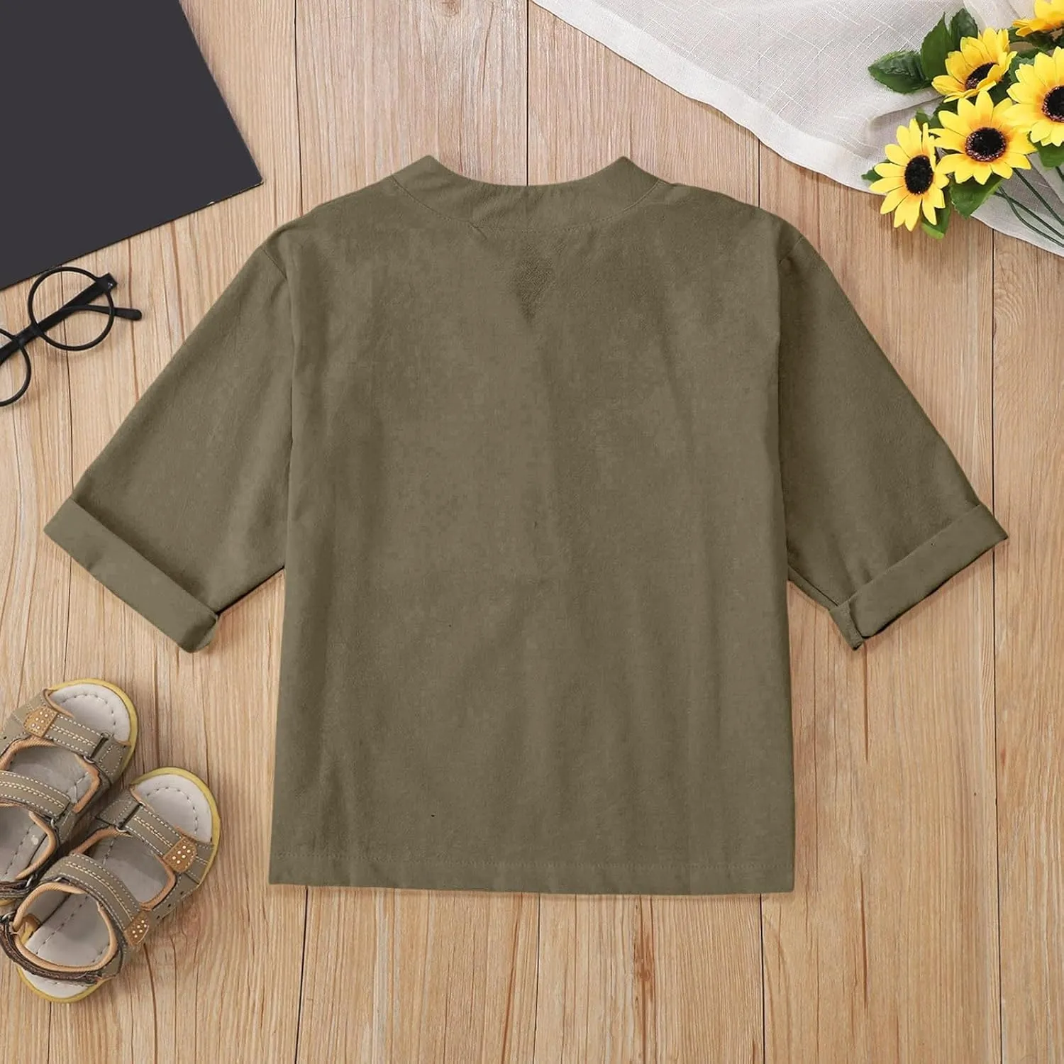 Girls Linen T Shirts Loose Fit Button Down Collar Cotton Blouses Teen Summer Lightweight Solid Tee Tops with Pockets