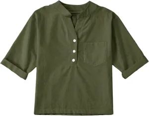 Girls Linen T Shirts Loose Fit Button Down Collar Cotton Blouses Teen Summer Lightweight Solid Tee Tops with Pockets