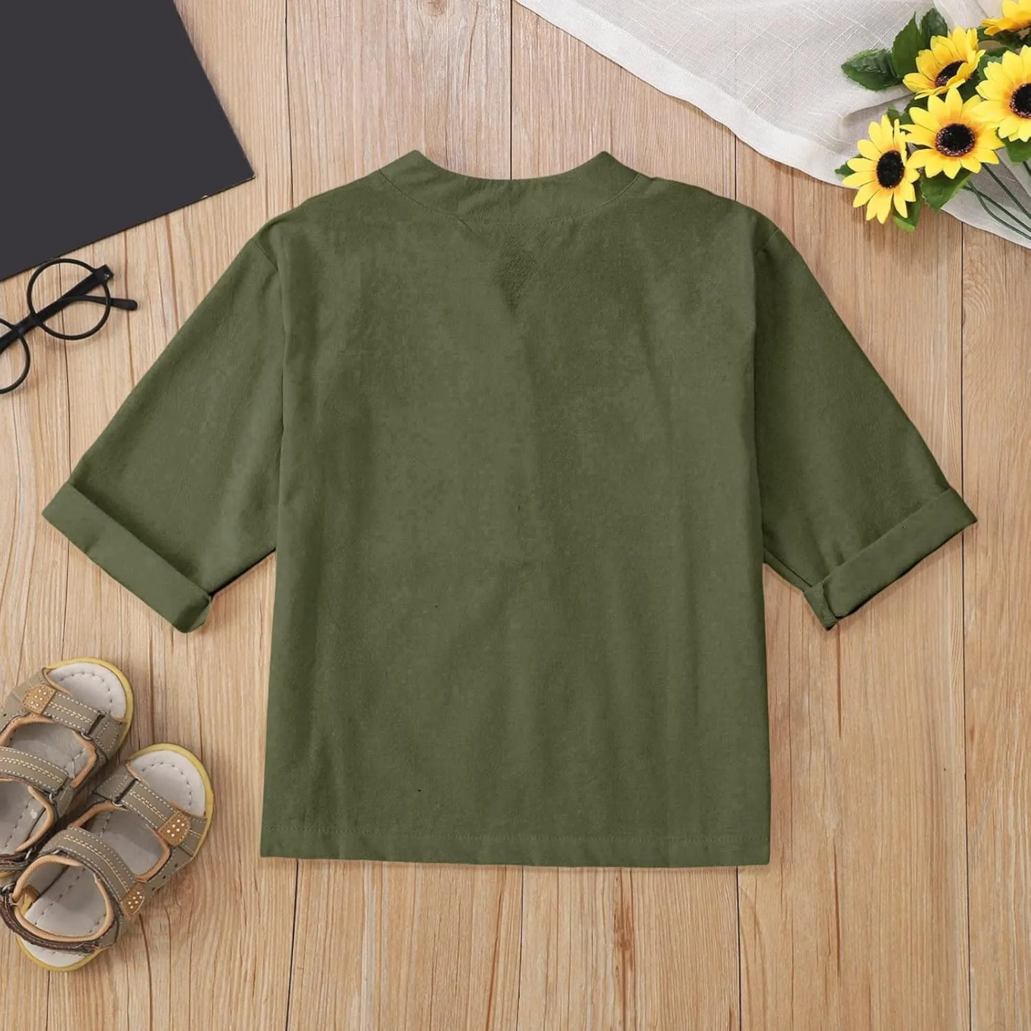 Girls Linen T Shirts Loose Fit Button Down Collar Cotton Blouses Teen Summer Lightweight Solid Tee Tops with Pockets