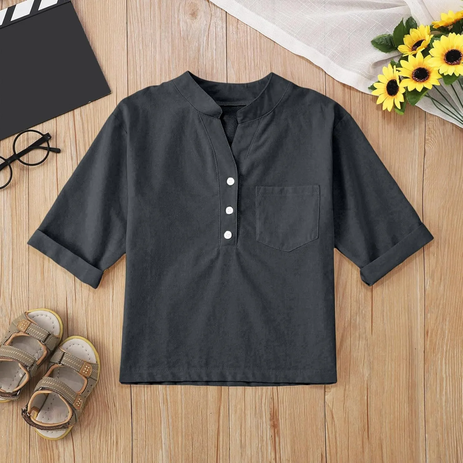 Girls Linen T Shirts Loose Fit Button Down Collar Cotton Blouses Teen Summer Lightweight Solid Tee Tops with Pockets