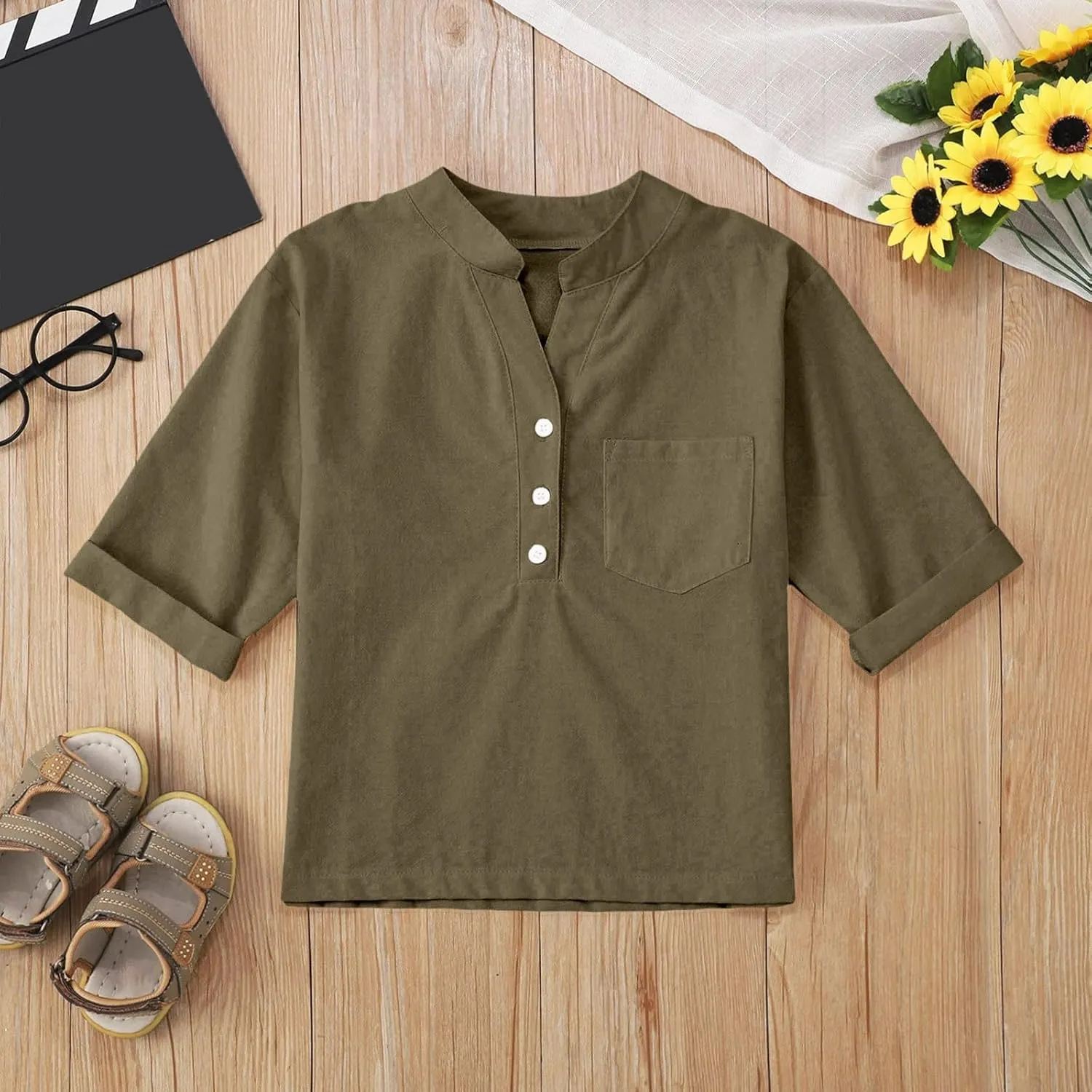 Girls Linen T Shirts Loose Fit Button Down Collar Cotton Blouses Teen Summer Lightweight Solid Tee Tops with Pockets
