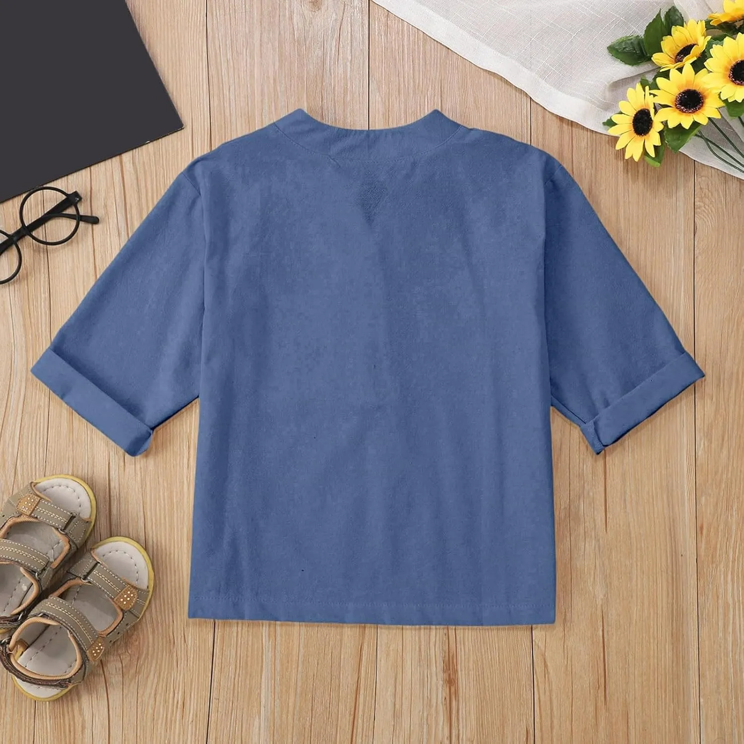 Girls Linen T Shirts Loose Fit Button Down Collar Cotton Blouses Teen Summer Lightweight Solid Tee Tops with Pockets