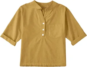 Girls Linen T Shirts Loose Fit Button Down Collar Cotton Blouses Teen Summer Lightweight Solid Tee Tops with Pockets