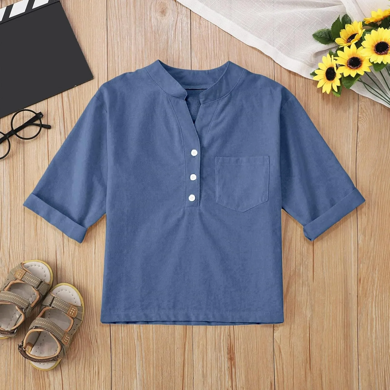 Girls Linen T Shirts Loose Fit Button Down Collar Cotton Blouses Teen Summer Lightweight Solid Tee Tops with Pockets