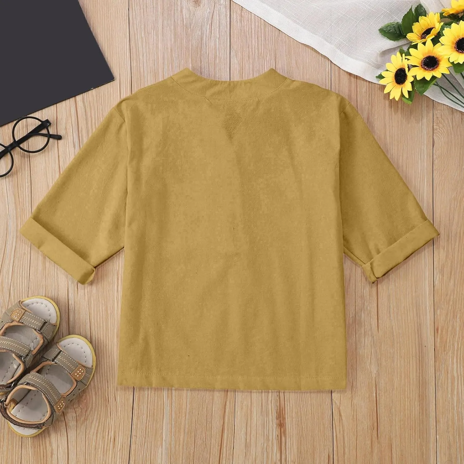 Girls Linen T Shirts Loose Fit Button Down Collar Cotton Blouses Teen Summer Lightweight Solid Tee Tops with Pockets