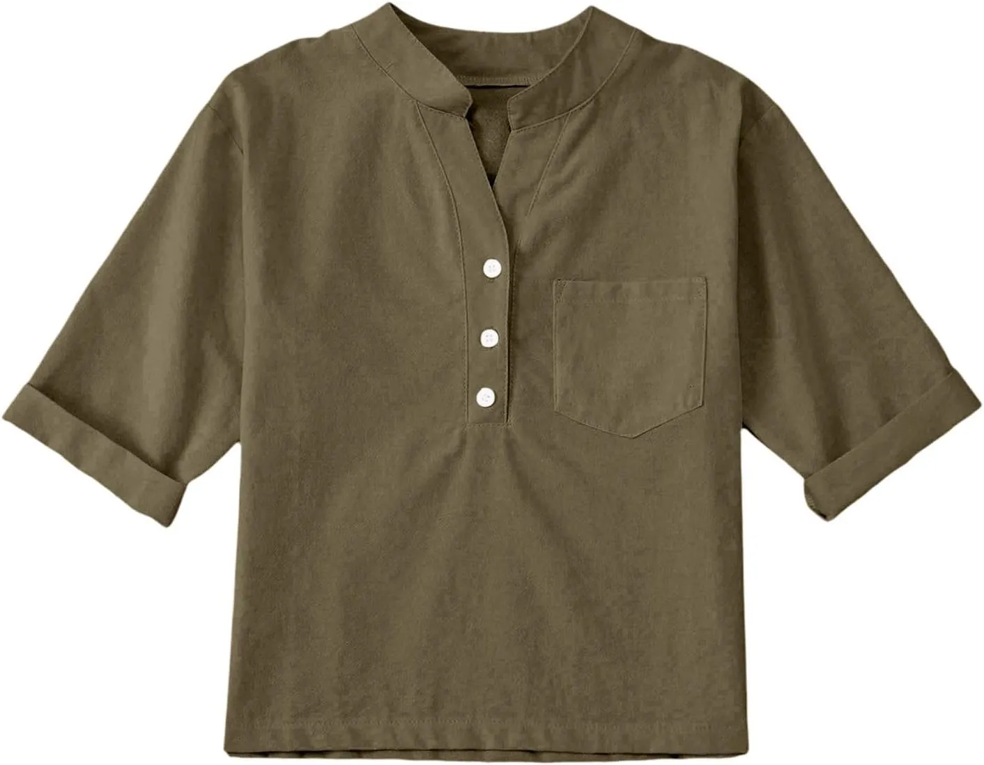 Girls Linen T Shirts Loose Fit Button Down Collar Cotton Blouses Teen Summer Lightweight Solid Tee Tops with Pockets
