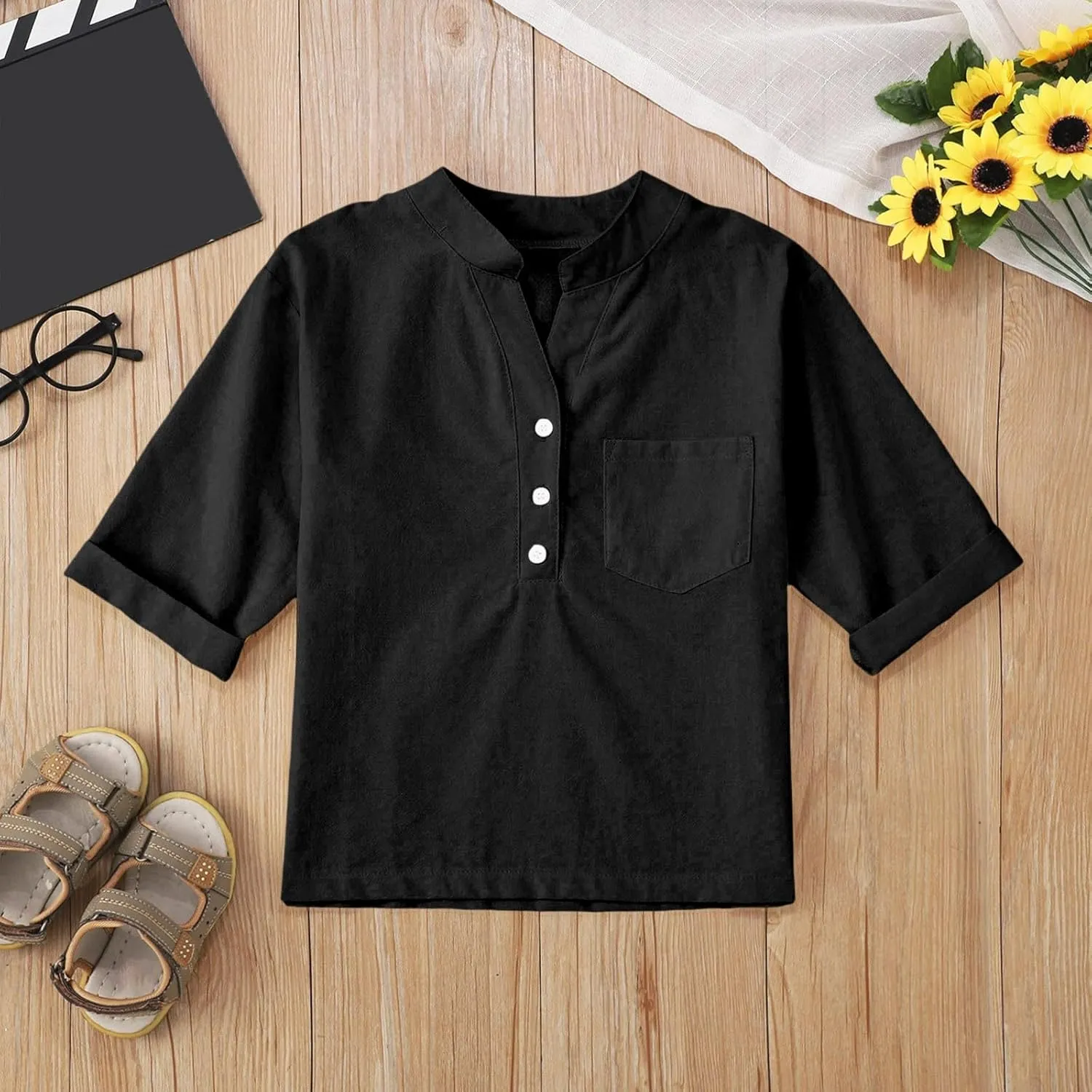 Girls Linen T Shirts Loose Fit Button Down Collar Cotton Blouses Teen Summer Lightweight Solid Tee Tops with Pockets