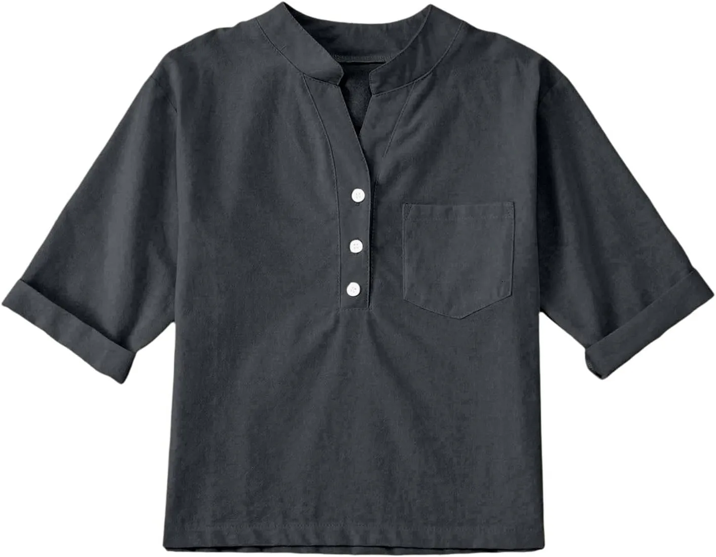 Girls Linen T Shirts Loose Fit Button Down Collar Cotton Blouses Teen Summer Lightweight Solid Tee Tops with Pockets