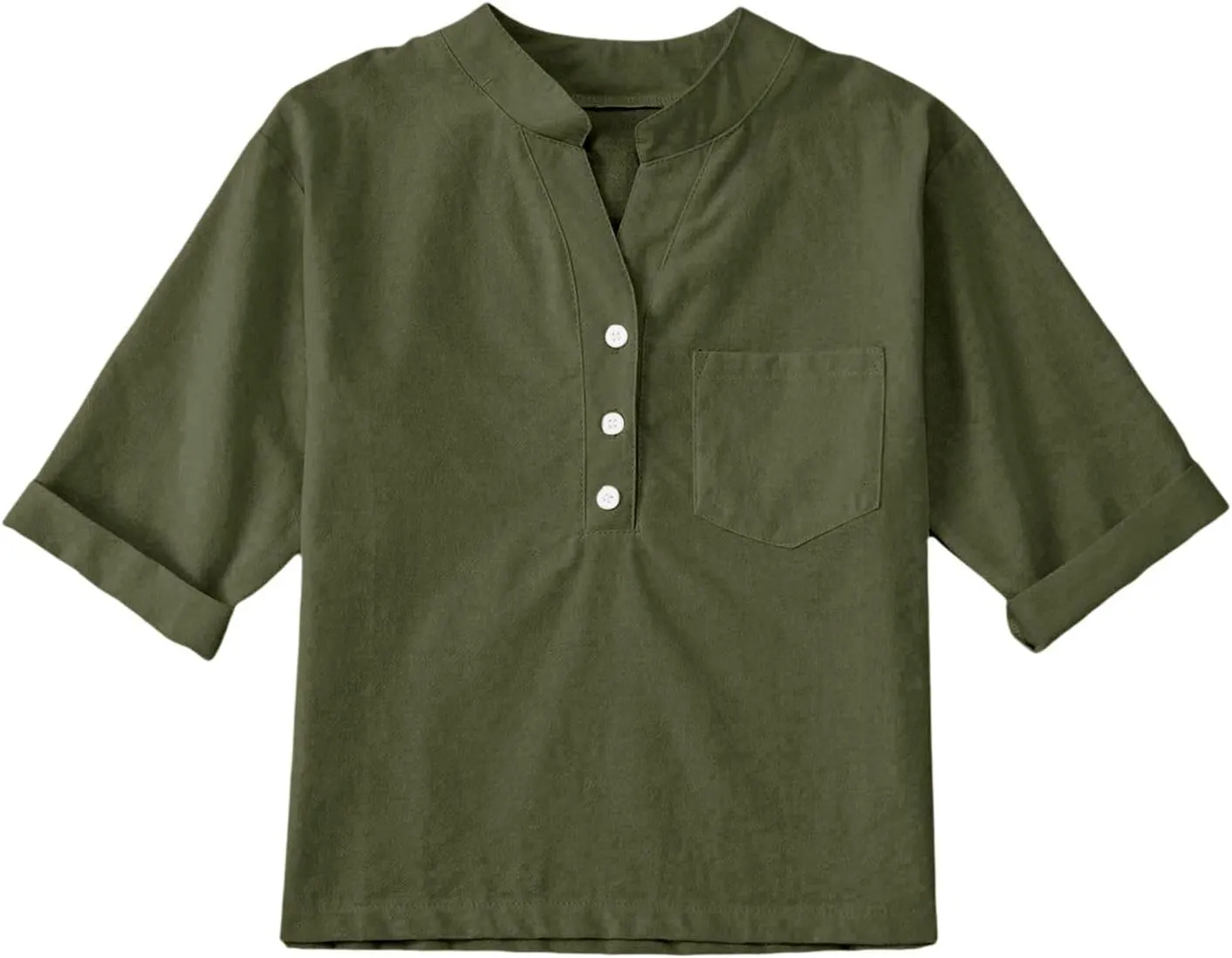 Girls Linen T Shirts Loose Fit Button Down Collar Cotton Blouses Teen Summer Lightweight Solid Tee Tops with Pockets