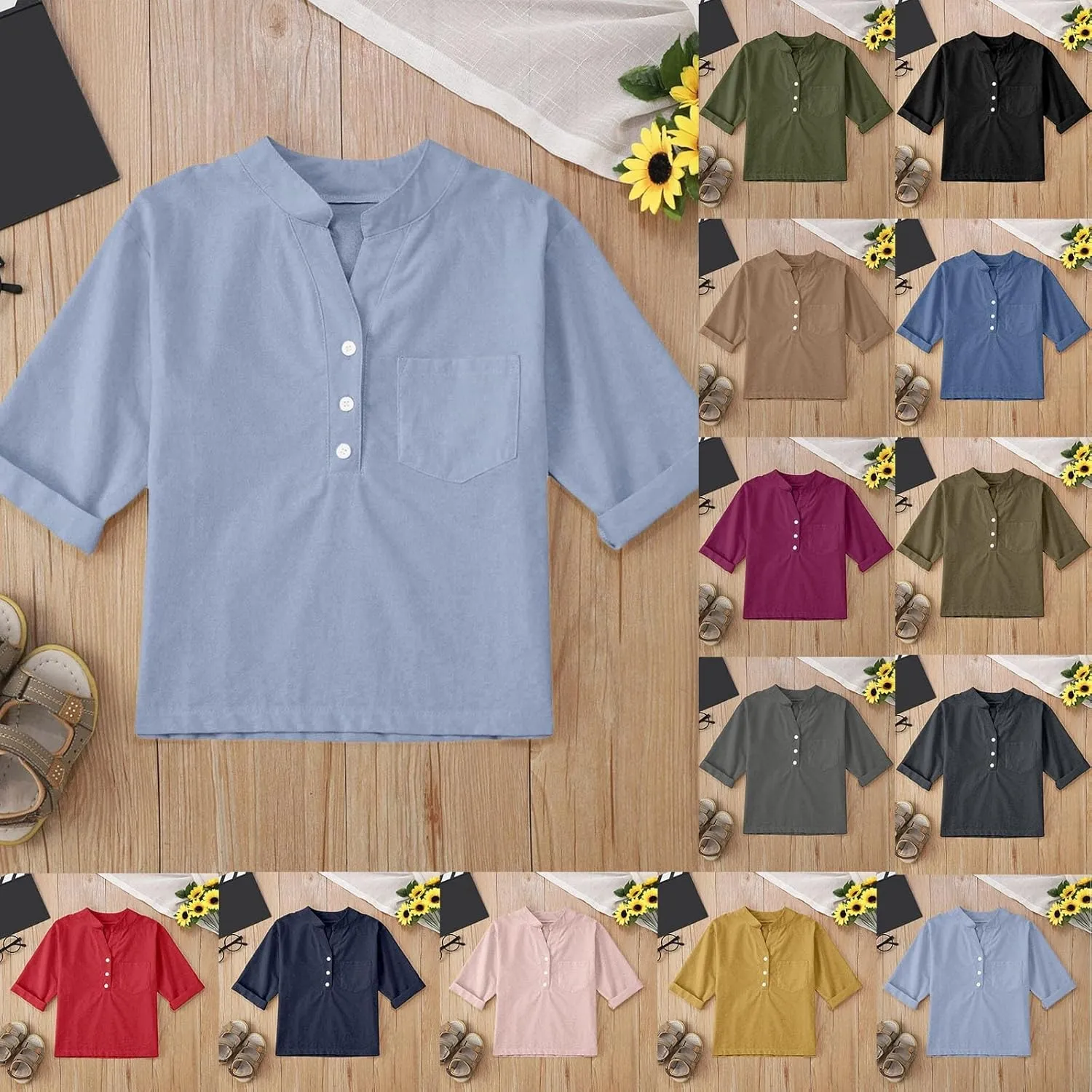 Girls Linen T Shirts Loose Fit Button Down Collar Cotton Blouses Teen Summer Lightweight Solid Tee Tops with Pockets