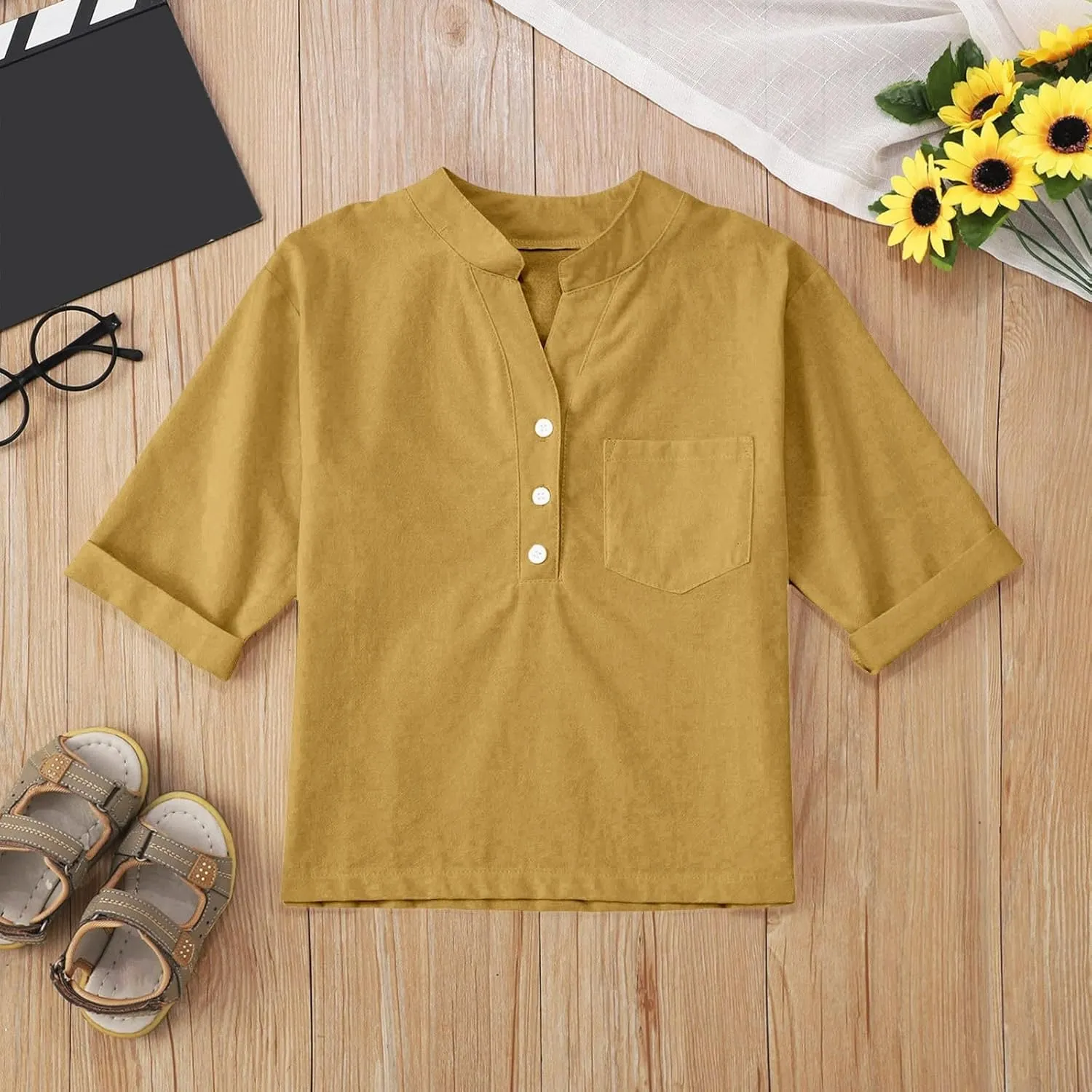 Girls Linen T Shirts Loose Fit Button Down Collar Cotton Blouses Teen Summer Lightweight Solid Tee Tops with Pockets
