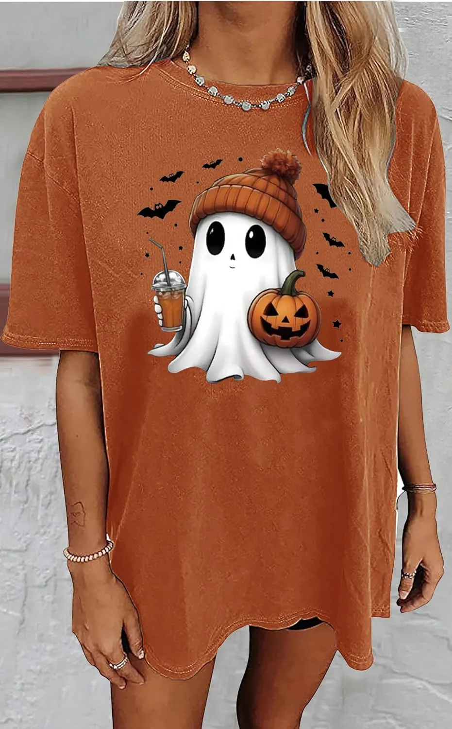 Halloween Oversized T Shirts for Women Cute Ghost Face Shirts Fall Pumpkin Spice Graphic Tshirts Casual Fitted Tees Tops
