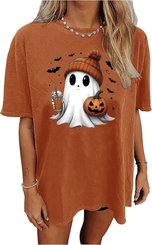 Halloween Oversized T Shirts for Women Cute Ghost Face Shirts Fall Pumpkin Spice Graphic Tshirts Casual Fitted Tees Tops