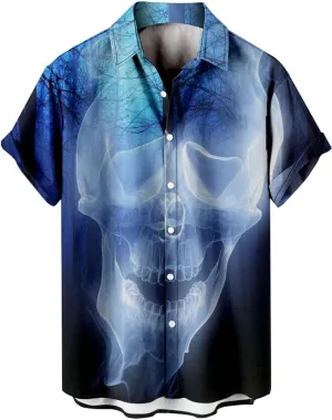 Halloween Shirts for Men Horror Dark Graphic Short Sleeve Button Hawaiian Shirt Trendy Beach Party Vacation Tees