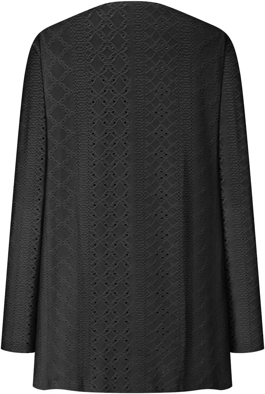 HGps8w Womens Eyelets Casual Cardigans Lightweight Open Front Long Sleeve Jackets Lightweight Fall Outerwear with Pockets