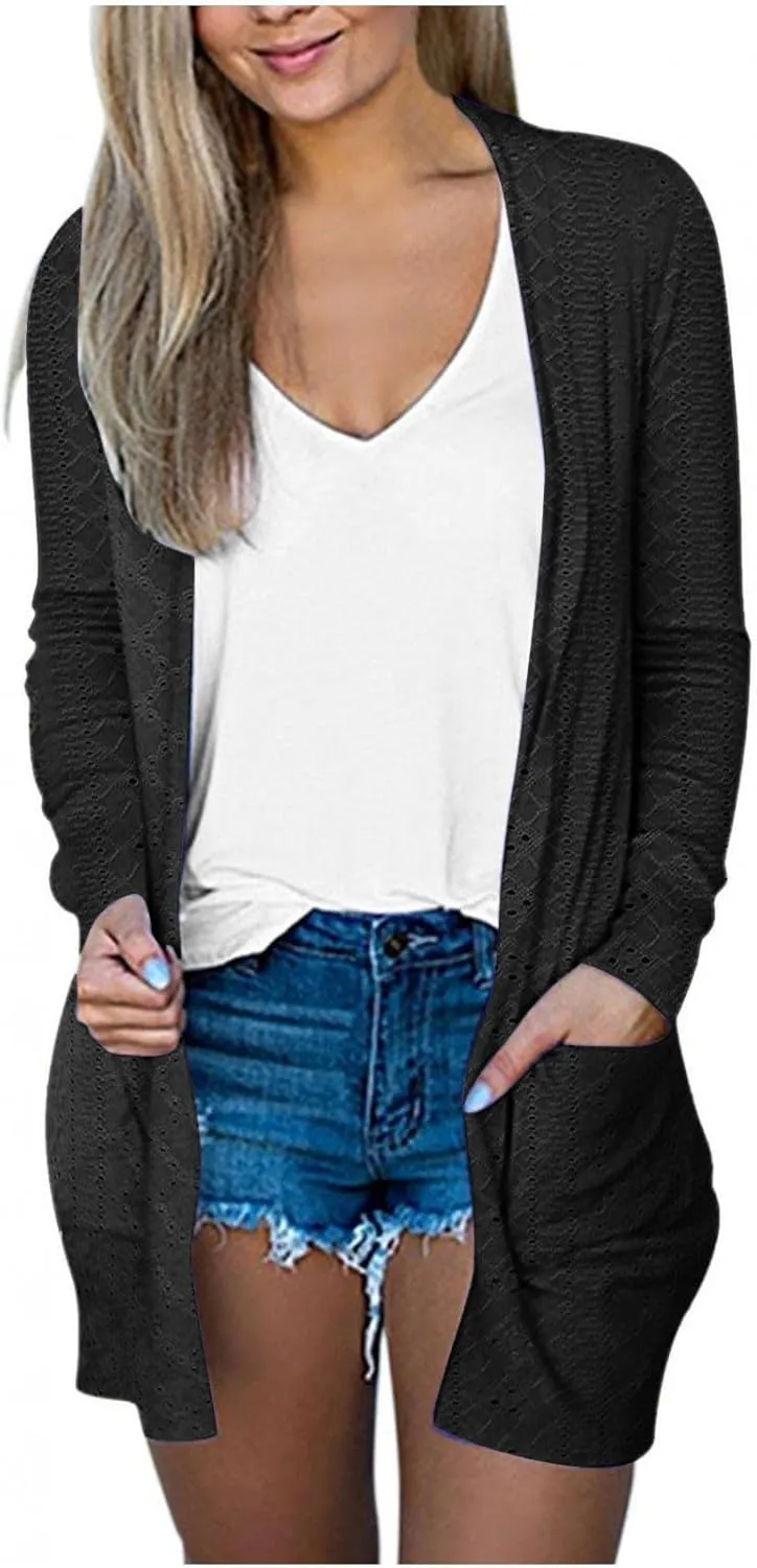 HGps8w Womens Eyelets Casual Cardigans Lightweight Open Front Long Sleeve Jackets Lightweight Fall Outerwear with Pockets