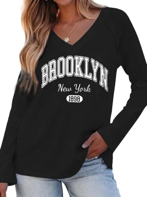 Hilinker Women's Graphic Tee Long Sleeve Tops Casual Loose V Neck T Shirts