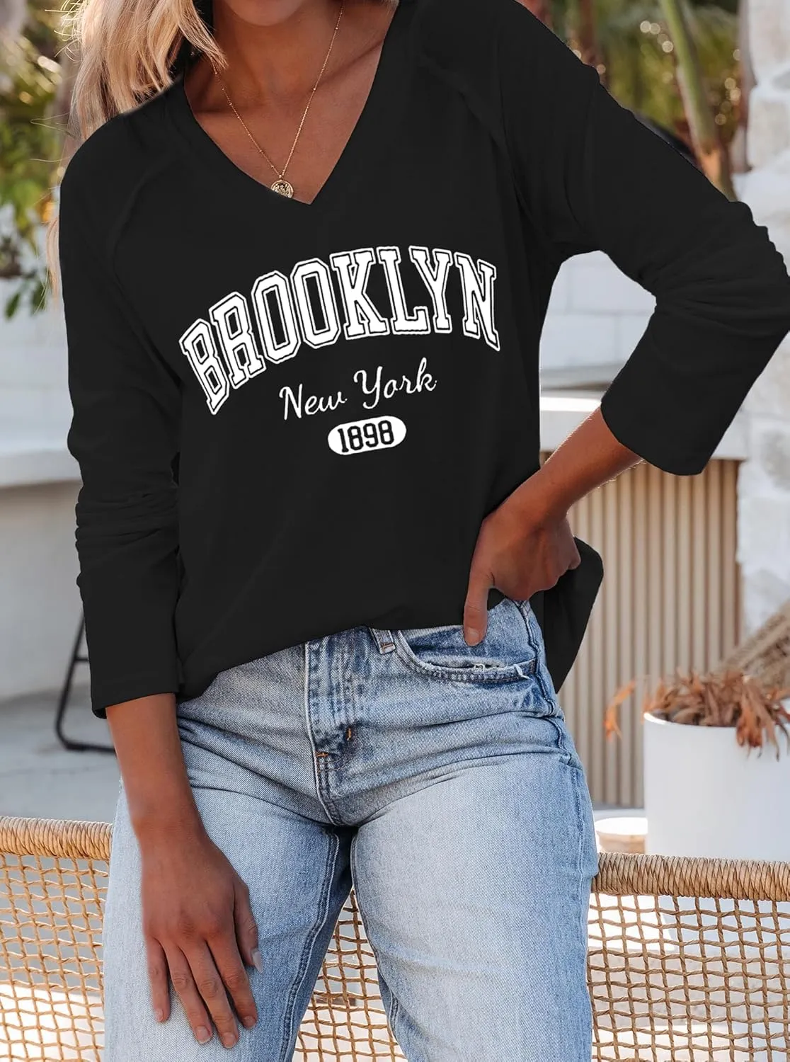 Hilinker Women's Graphic Tee Long Sleeve Tops Casual Loose V Neck T Shirts
