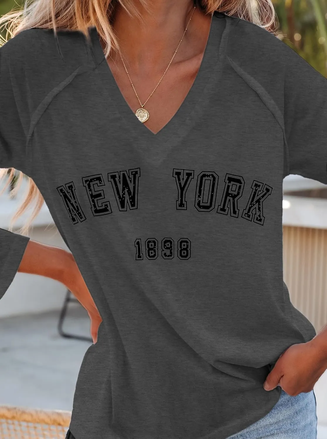 Hilinker Women's Graphic Tee Long Sleeve Tops Casual Loose V Neck T Shirts