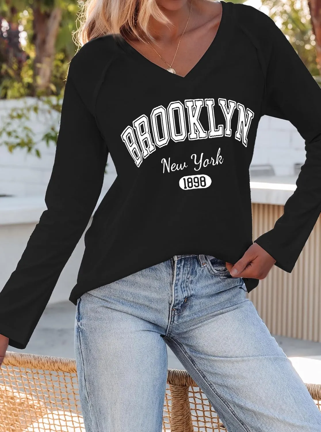 Hilinker Women's Graphic Tee Long Sleeve Tops Casual Loose V Neck T Shirts