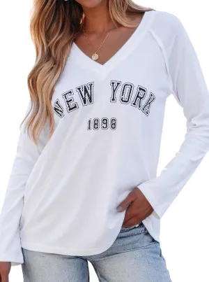 Hilinker Women's Graphic Tee Long Sleeve Tops Casual Loose V Neck T Shirts