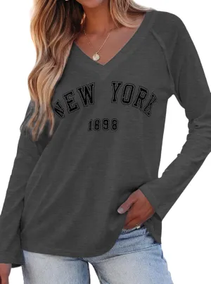 Hilinker Women's Graphic Tee Long Sleeve Tops Casual Loose V Neck T Shirts