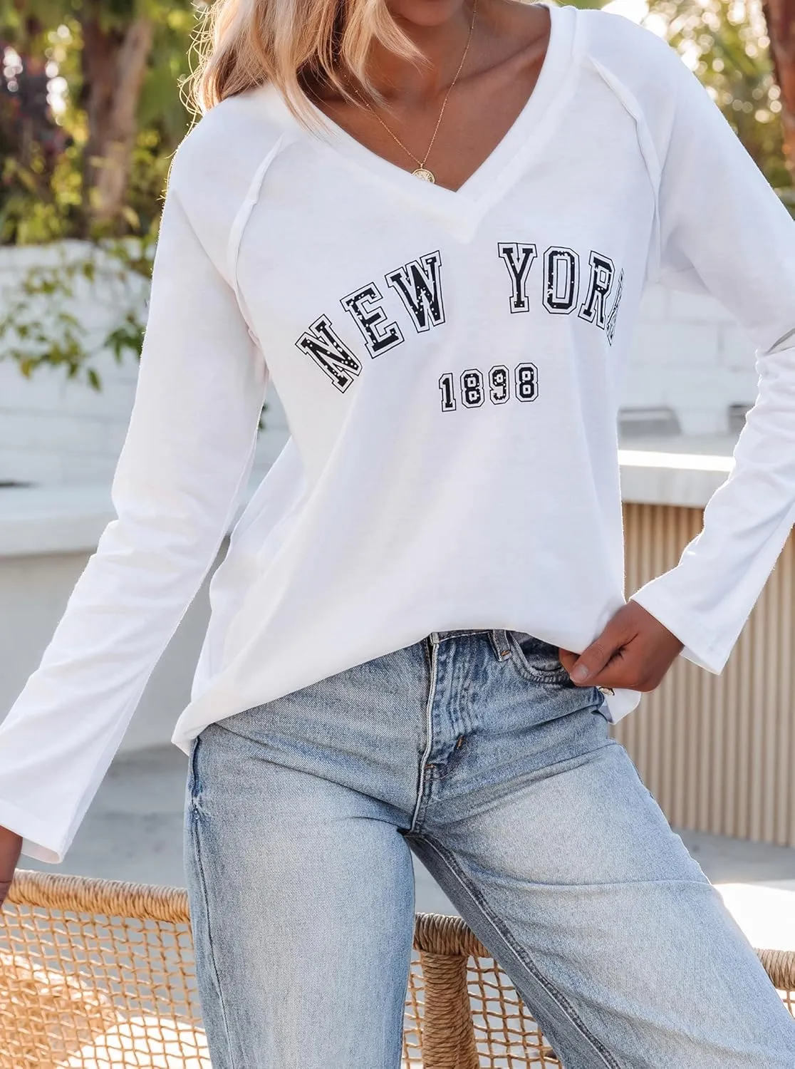 Hilinker Women's Graphic Tee Long Sleeve Tops Casual Loose V Neck T Shirts
