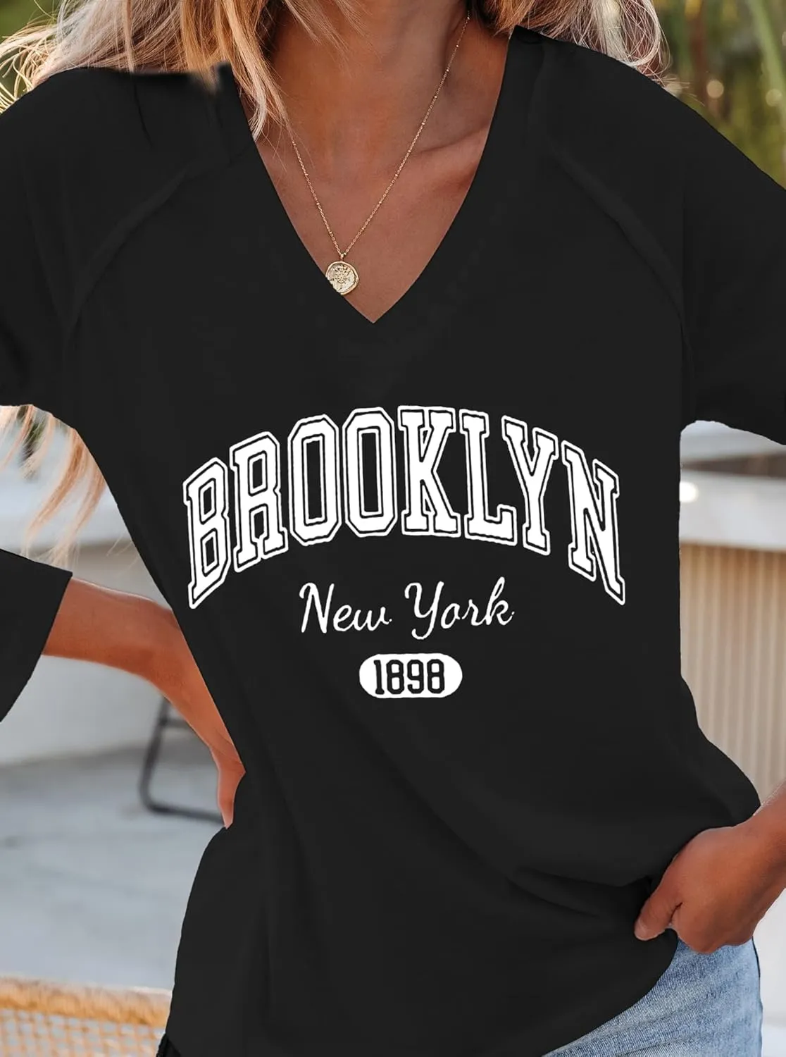 Hilinker Women's Graphic Tee Long Sleeve Tops Casual Loose V Neck T Shirts
