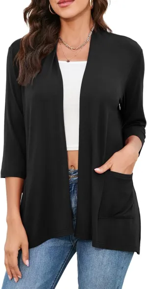 HIYIYEZI Womens Casual Lightweight Cardigans with Pockets 3/4 Sleeve Open Front Dusters