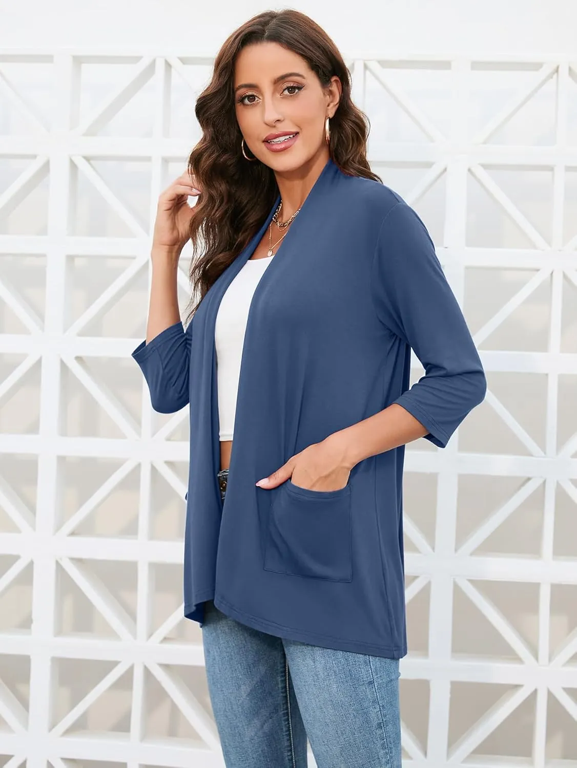 HIYIYEZI Womens Casual Lightweight Cardigans with Pockets 3/4 Sleeve Open Front Dusters