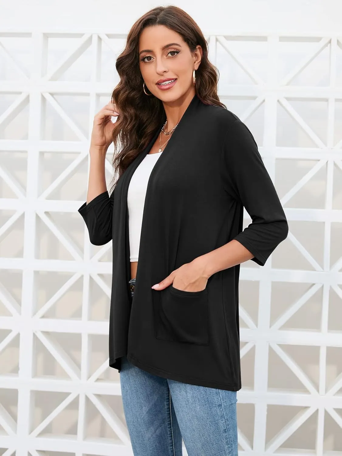 HIYIYEZI Womens Casual Lightweight Cardigans with Pockets 3/4 Sleeve Open Front Dusters