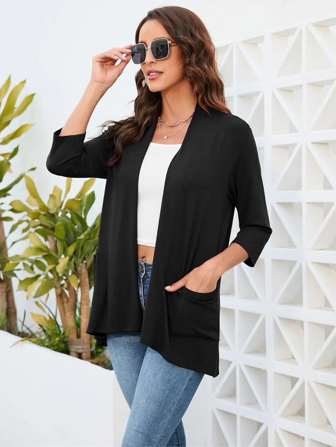 HIYIYEZI Womens Casual Lightweight Cardigans with Pockets 3/4 Sleeve Open Front Dusters