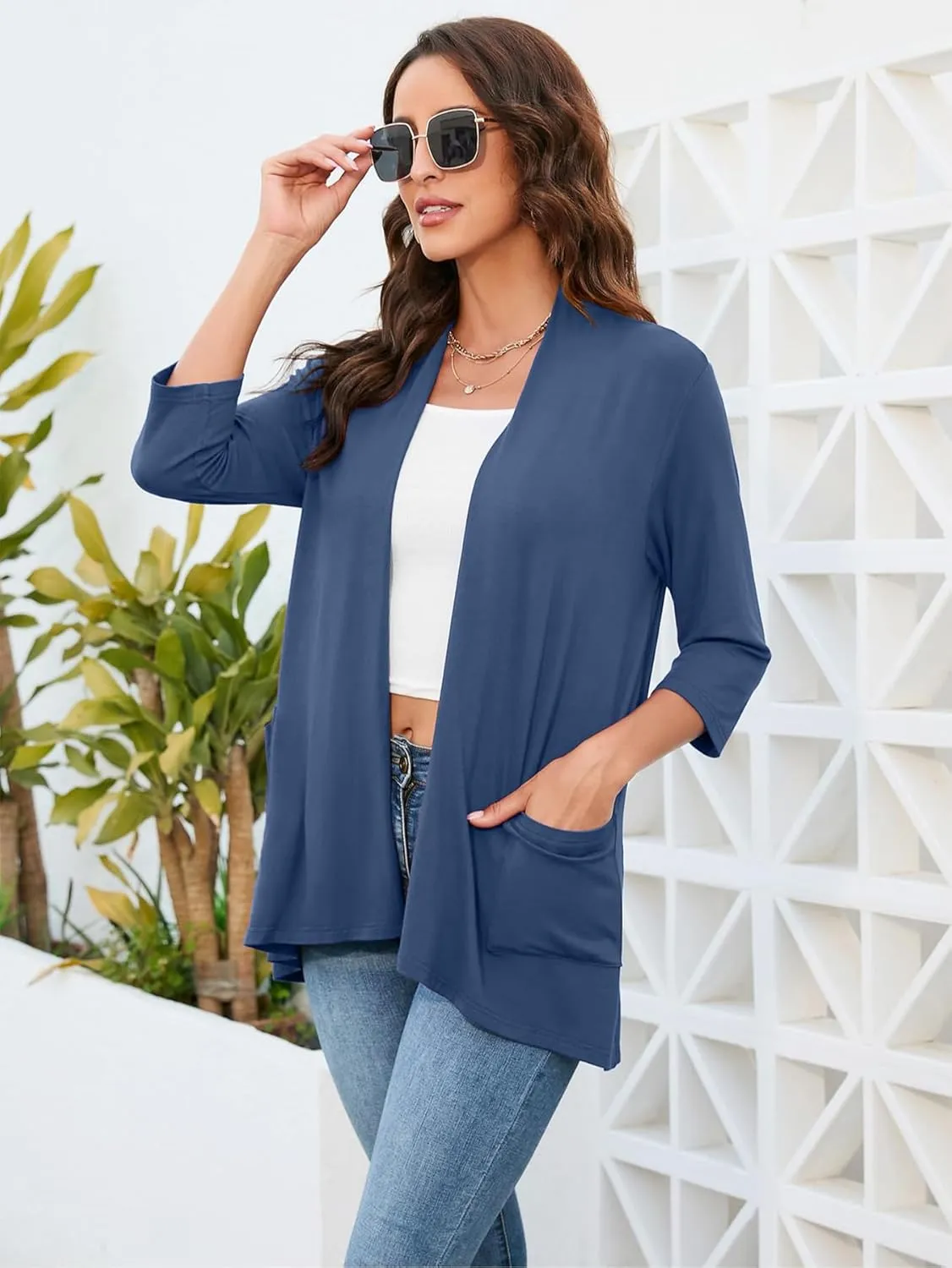 HIYIYEZI Womens Casual Lightweight Cardigans with Pockets 3/4 Sleeve Open Front Dusters